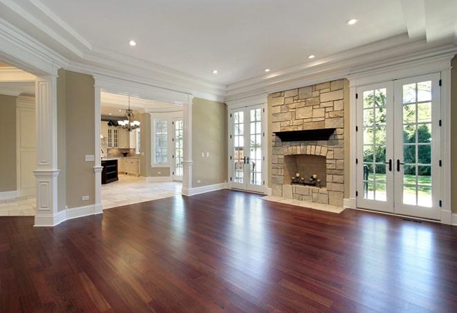 highly polished cherry wood floors in a kitchen